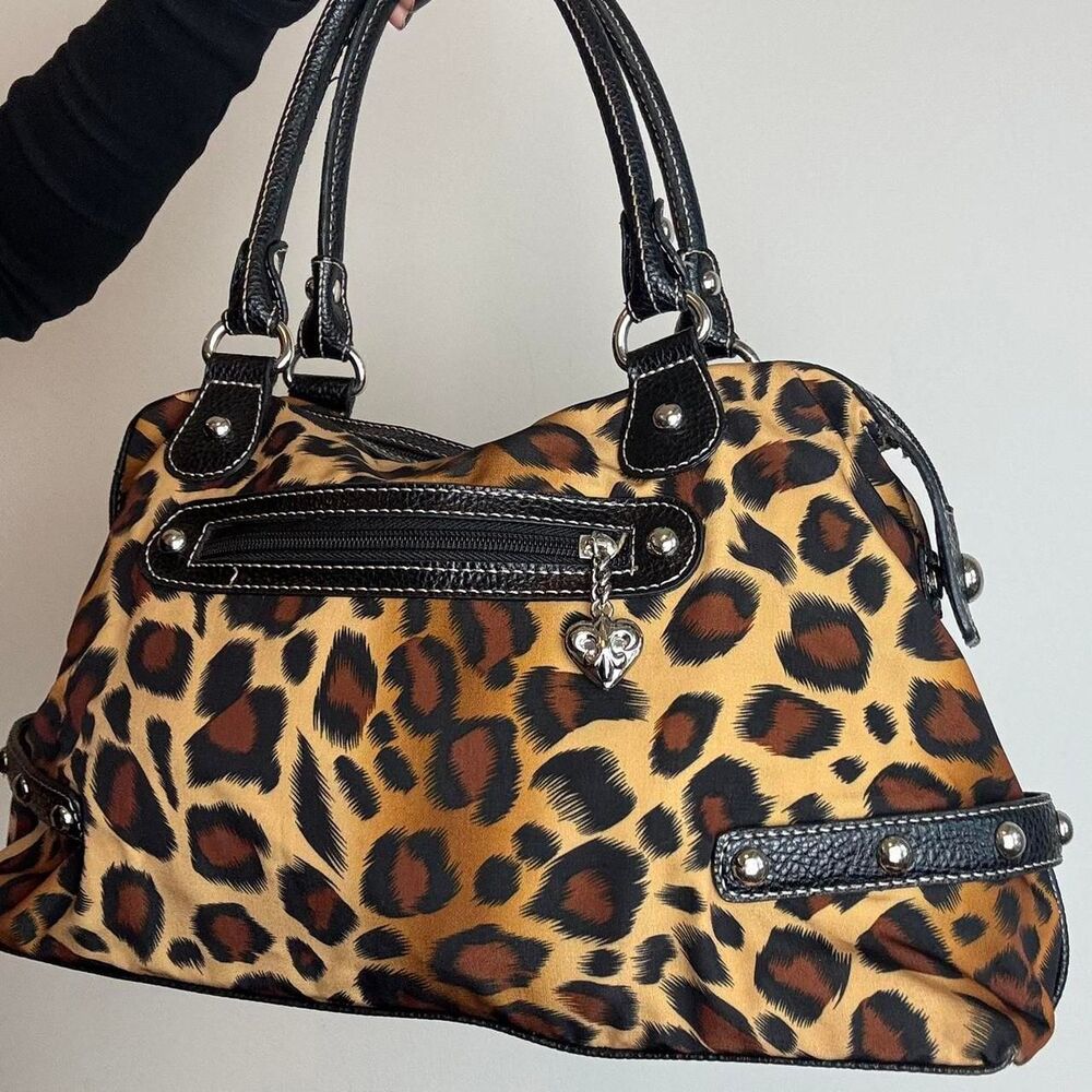 Kathy Van Zeeland Vintage Y2K Leopard Print Canvas and Leather Shoulder Bag - Picture 4 of 6